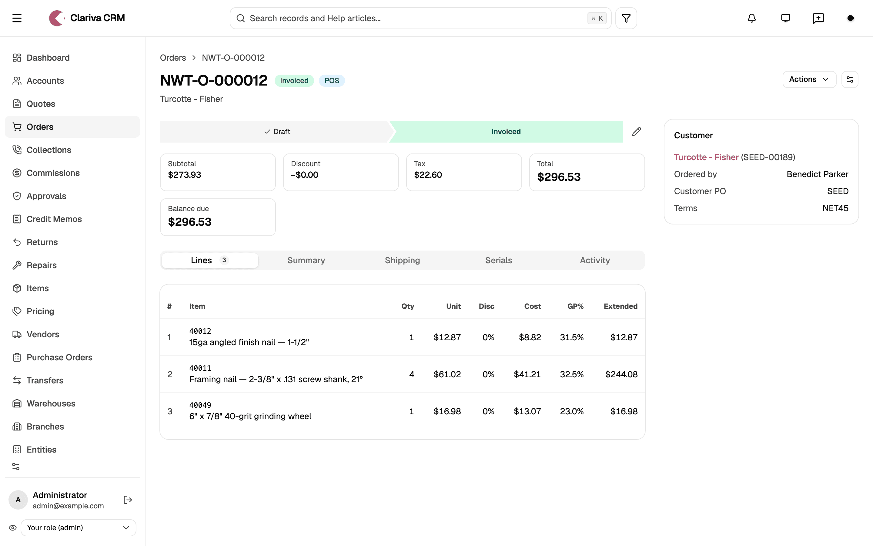 A Clariva invoice, showing the billed customer, line items, totals and balance due.